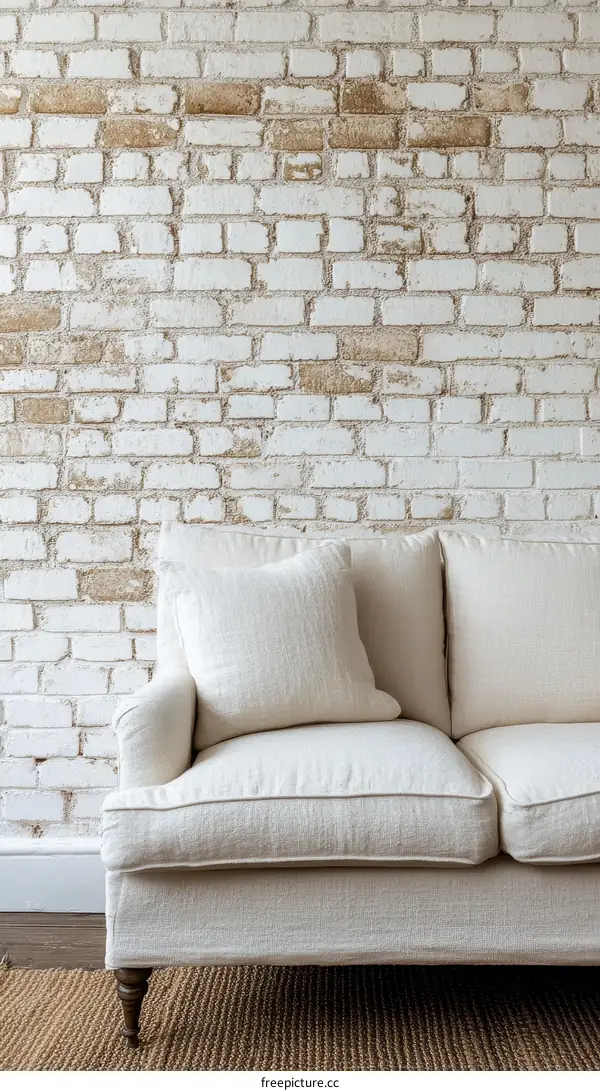 Cream Sofa Against a Distressed Brick Wall Interior Design