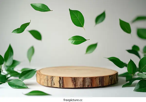 Floating Green Leaves on Wooden Disc Display