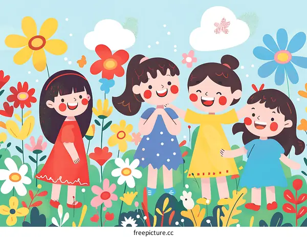 Happy Friends in the Garden with Colorful Flowers
