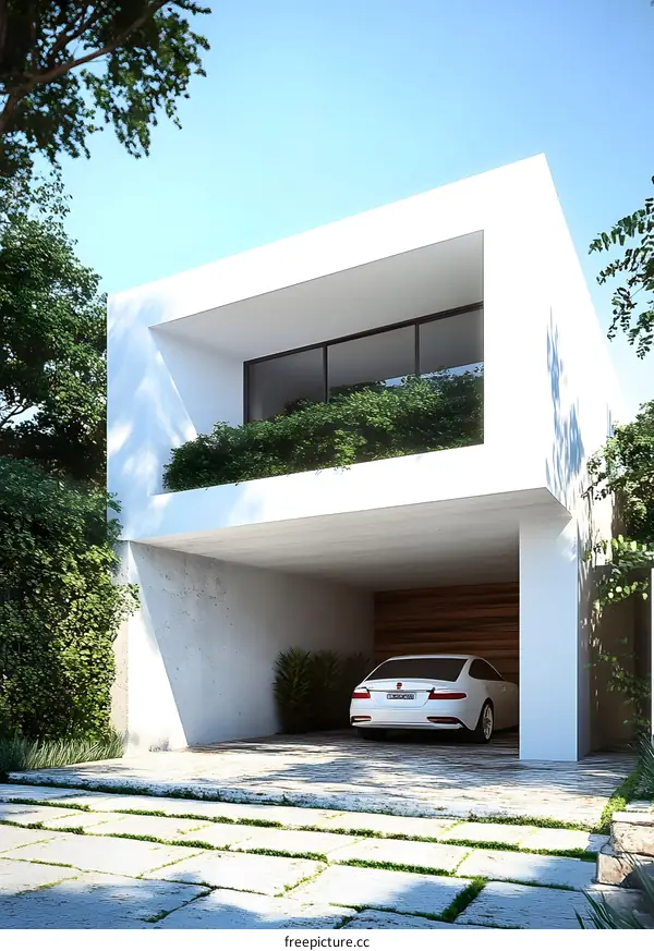 Modern White House with Garage and Green Plants