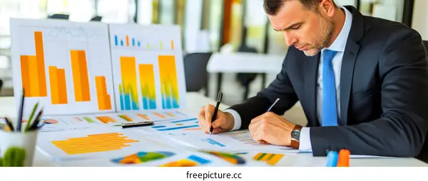 Businessman Analyzing Financial Data Charts and Graphs