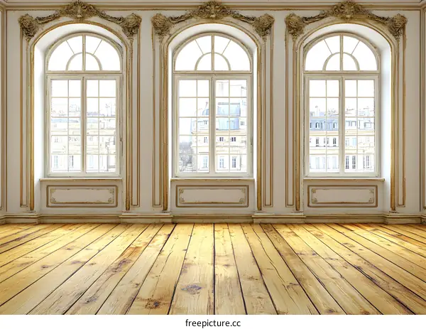 Three Golden Ornate Windows in a White Room