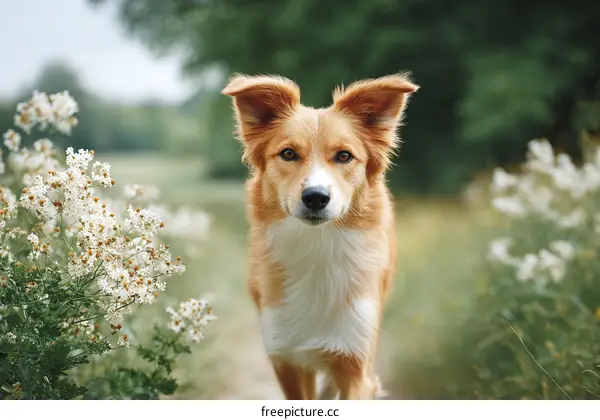 Cute Dog in a Field of Flowers