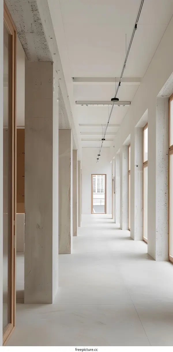 Modern Concrete Hallway with Exposed Beams and Large Windows