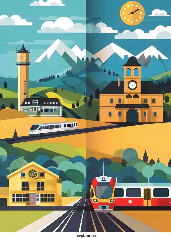Colorful Train Station Illustration With Mountains
