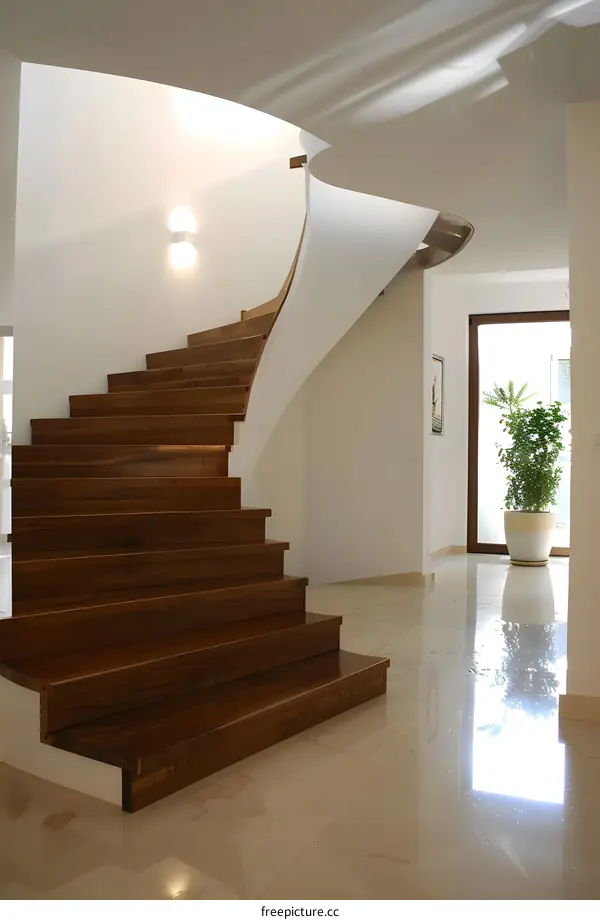 Modern Curved Wooden Staircase In A Luxury Home Interior