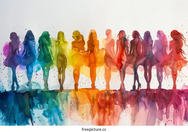 watercolor painting of diverse women in colorful dresses