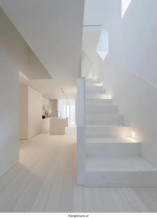 White Modern Stairs with Kitchen in Background