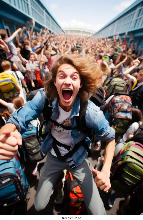 Ecstatic young male jumping in a large crowd