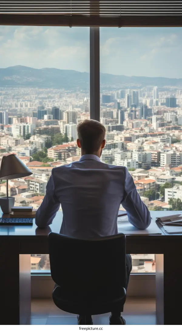 Businessman looking at the city from his office window