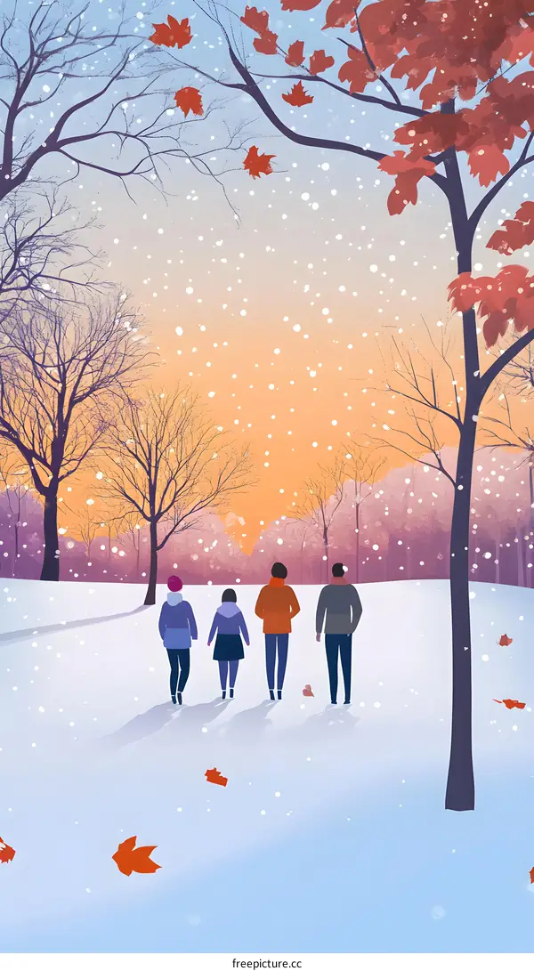 Four People Walking in the Snow During Sunset