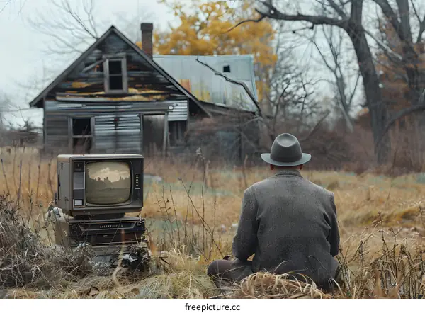 An old man is watching TV in a field