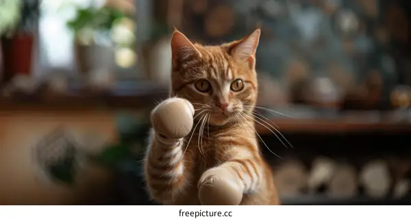 A ginger cat with boxing gloves is ready to fight