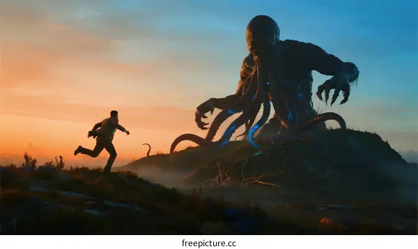 Man Running Away from Giant Octopus Creature at Sunset