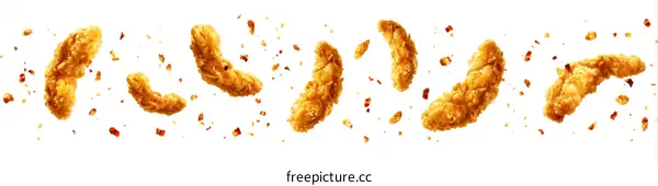 Crispy golden fried chicken pieces with red spice particles flying