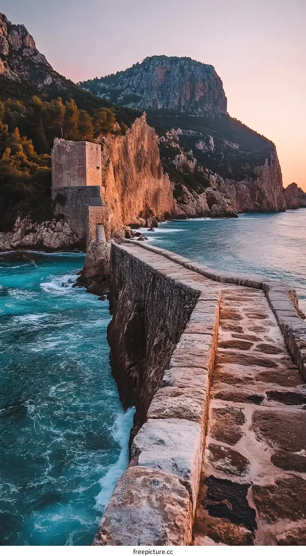Stone Pathway Leading to Ancient Tower on Cliffside