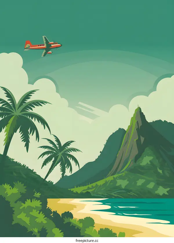 Tropical Island Vacation Flyer with Airplane in the Sky