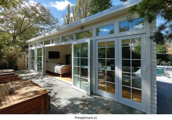 Modern Outdoor Room with Large Windows and Patio