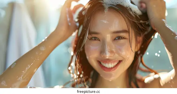 Asian woman washing her hair with shampoo in shower