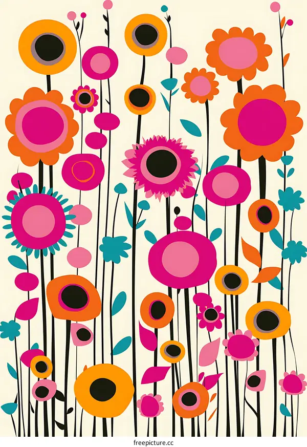 Abstract Floral Art with Colorful Flowers and Stems