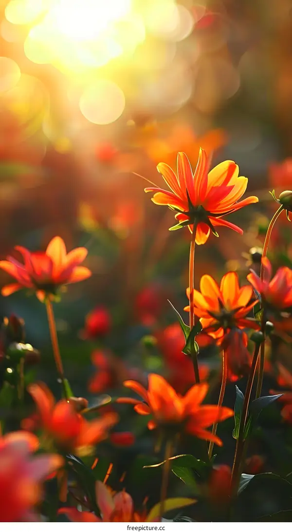Orange Flowers in Field with Sun Shining Through