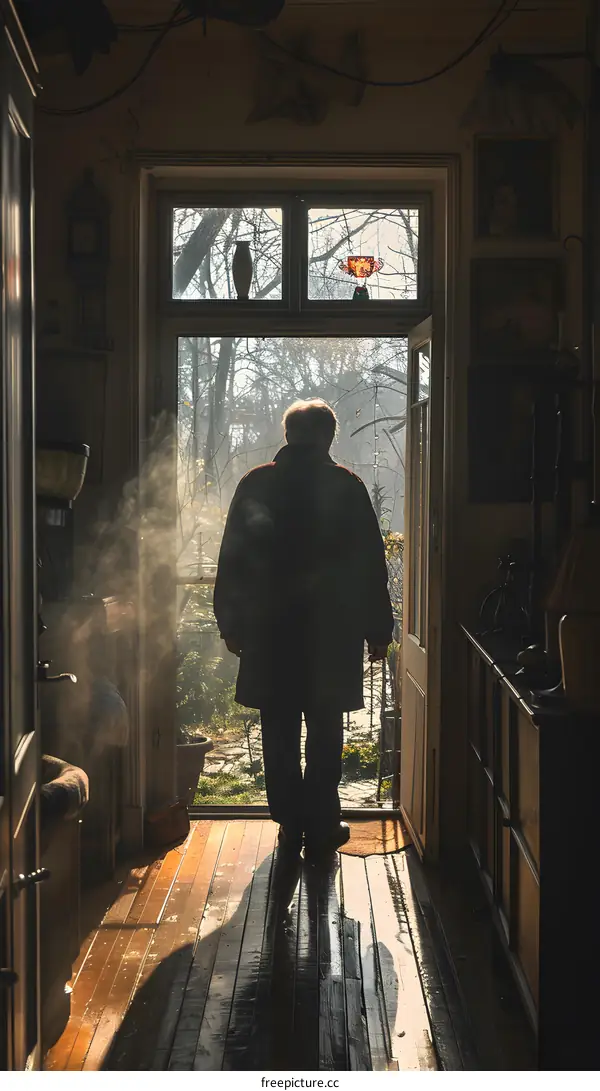 An old man standing in a doorway looking out at the woods