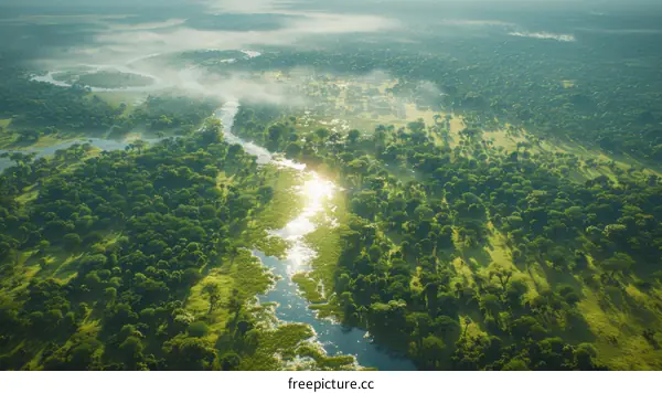 Sunbeams Through Morning Mist Over the Okavango Delta, Botswana