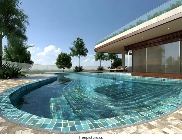 Swimming pool and modern house with terrace and sun loungers