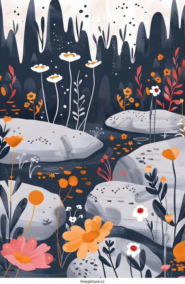 Abstract Floral Illustration with River and Rocks
