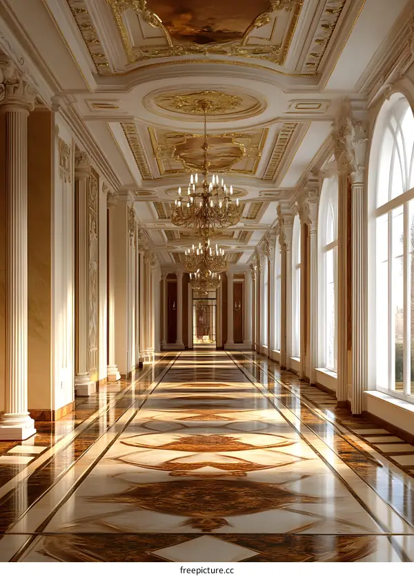 Golden Chandelier in Ornate Hallway