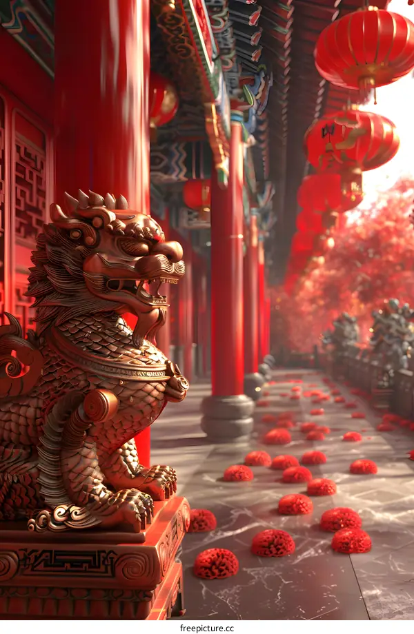 A stone lion guards the gate of a temple.