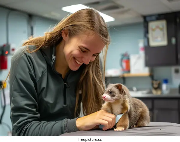 Smiling woman holding a ferret