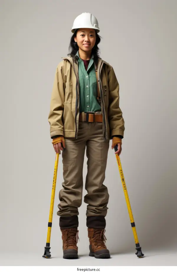 Asian woman surveyor in hard hat and khaki outfit holding measuring poles