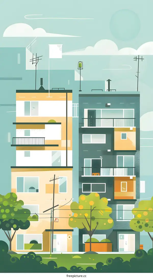 Illustration of two modern apartment buildings with green trees