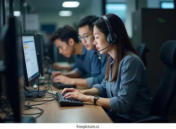 Asian Business People Working In A Call Center