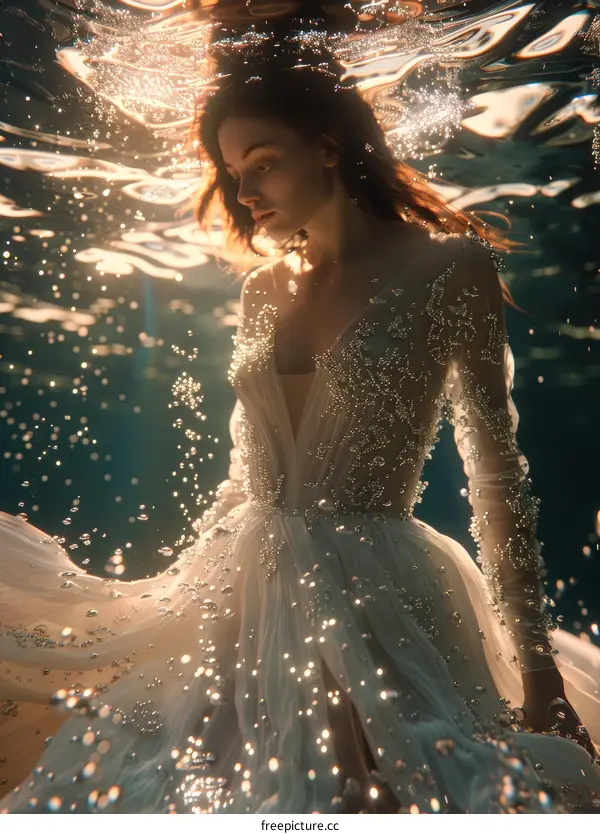 An underwater photo of a woman wearing a white dress