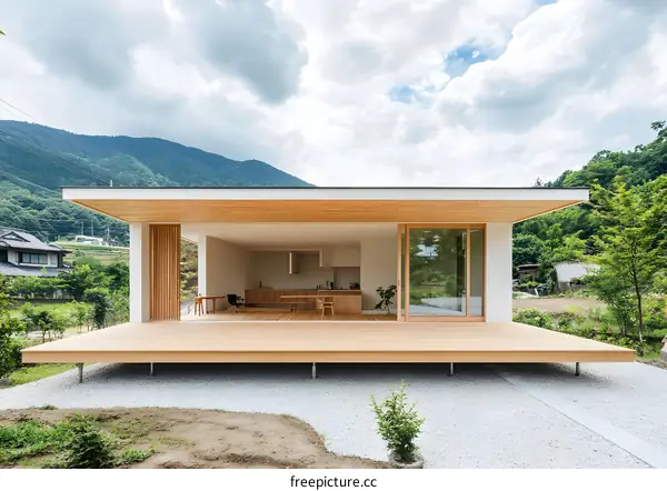 Modern Japanese Home with Wooden Deck and Mountain View