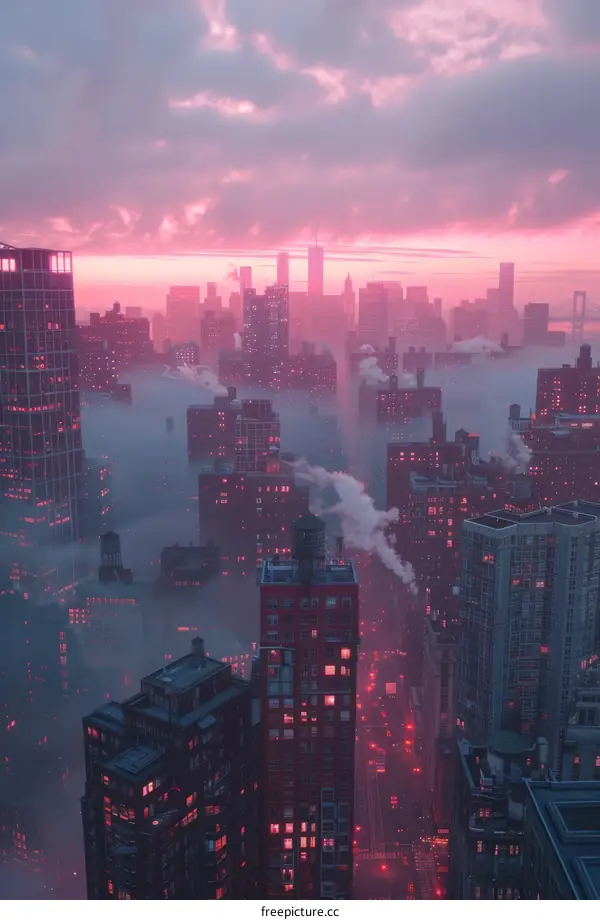 Misty Cityscape at Dusk with Pink Hues