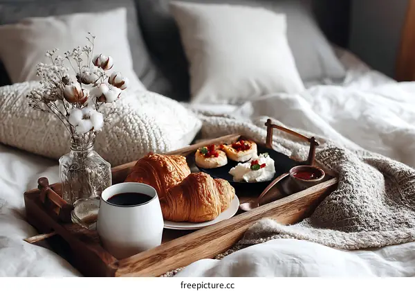 Breakfast Tray on a Bed with Croissants
