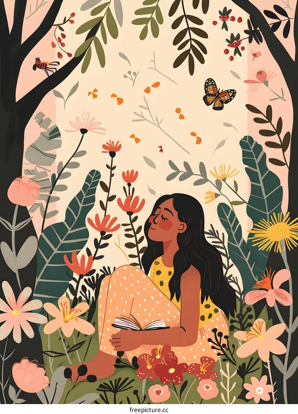 Girl Sitting in a Garden Reading a Book