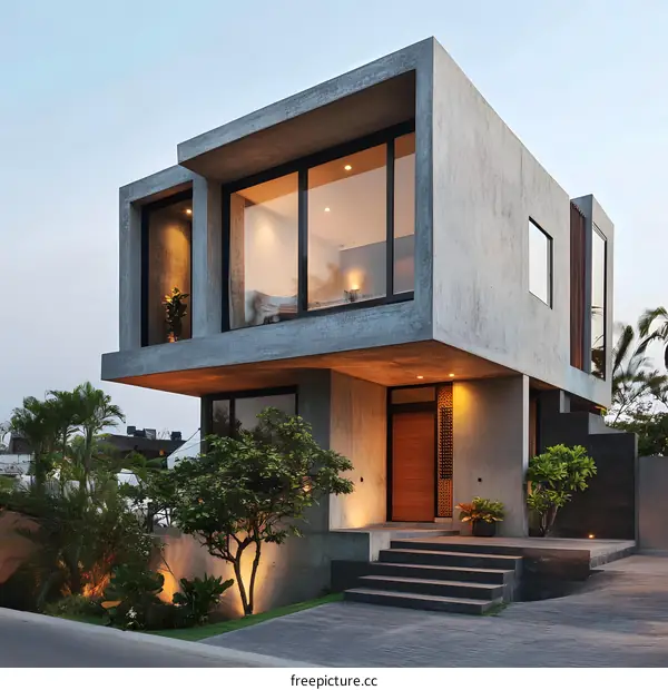 Modern Concrete House with Large Windows and a Wooden Door