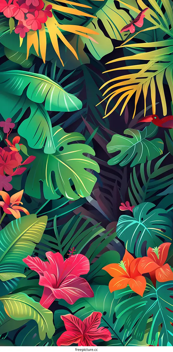 Tropical Leaf and Flower Seamless Pattern