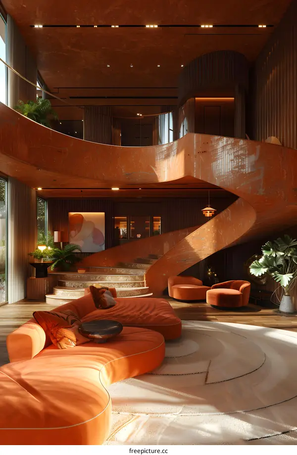 Modern Interior Design with Curved Staircase and Orange Sofa