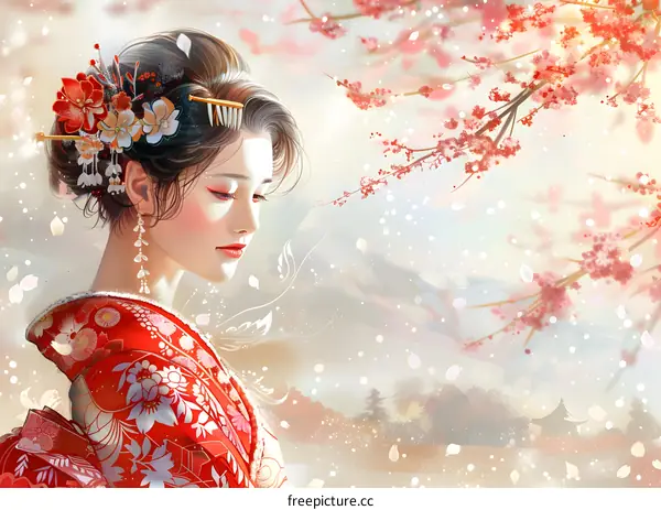 A beautiful Japanese woman in a red kimono standing in a snowy forest