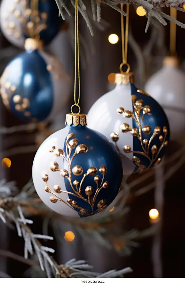 Blue and White Christmas Ornaments with Golden Floral Pattern