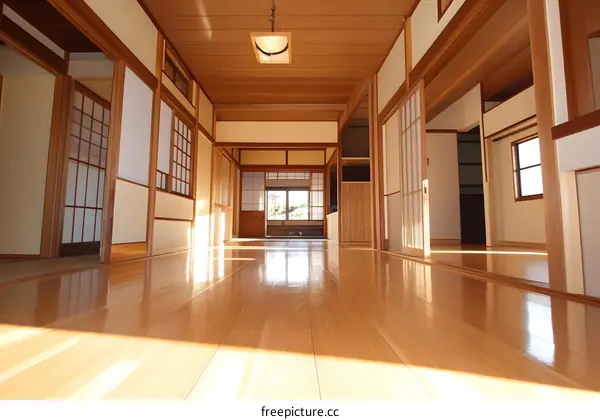 Japanese Style Wooden Corridor Interior Design with Sliding Doors and Natural Light