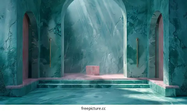 3D Rendered Interior Design with Green and Pink Marble Walls and Archways