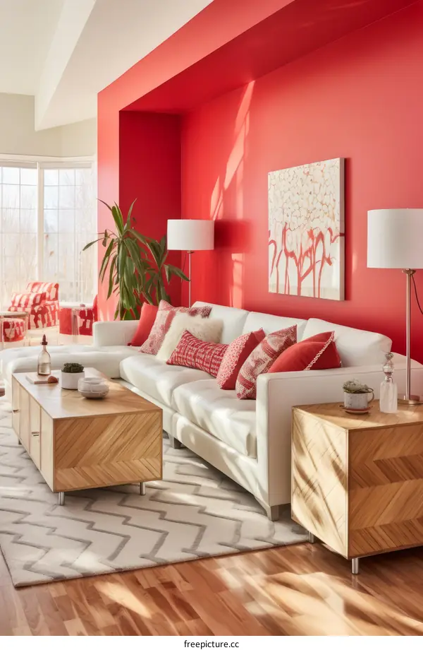 Modern Living Room with Vibrant Red Accent Wall