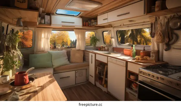 Cozy interior of a camper van with a kitchen and a seating area