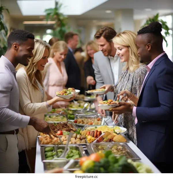 A group of people are enjoying a buffet
